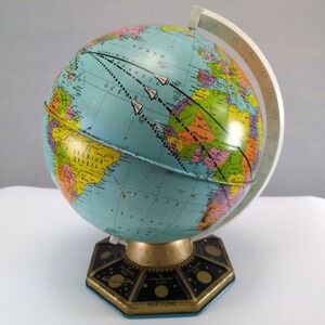 Vintage 1960s J Chein 9" Tin World Globe Space Race John Glenn Orbit USA NASA